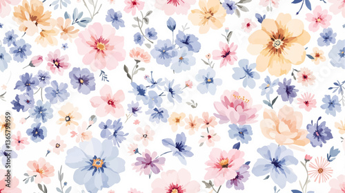 Watercolor floral seamless pattern with hand-painted blush colorful flowers and green leaves on white background. Botanical print.	