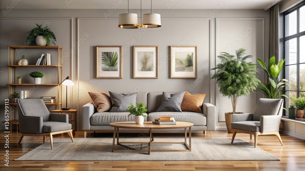 Fototapeta premium A stylish home decor setup with a beautifully framed artwork in a modern living room, living room