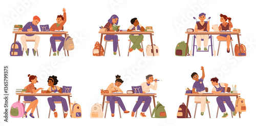 School children sitting in pairs at desks studying flat vector illustrations set isolated on white. Pupils of different races and abilities with school supplies and backpacks.