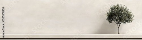 Minimalist olive tree on shelf, neutral wall background, interior design