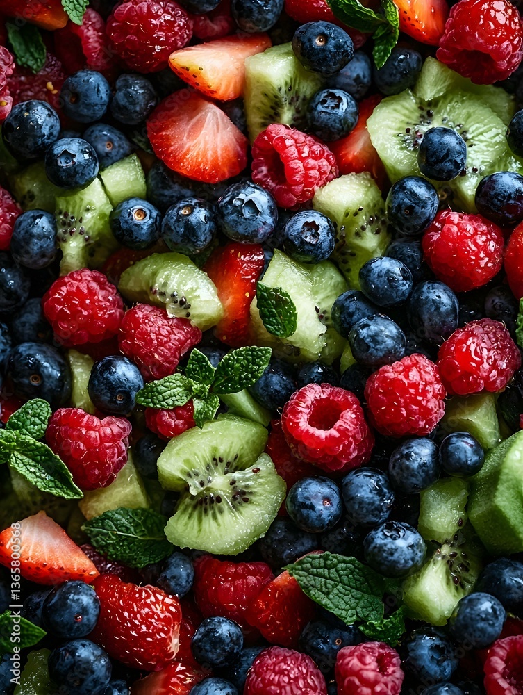 Obraz premium Fresh vibrant fruit salad with strawberries, blueberries, raspberries, kiwi, and mint. Perfect for healthy eating and summer recipes.