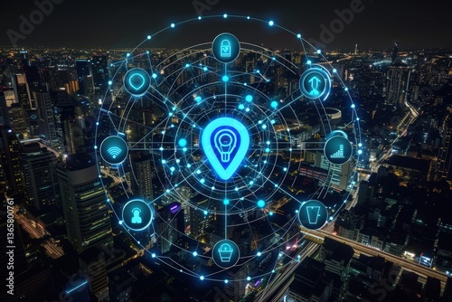 A digital representation of a cityscape at night, featuring interconnected icons symbolizing technology and location services.