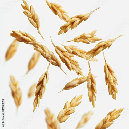 Golden Oat Grains Floating on White Background photo
