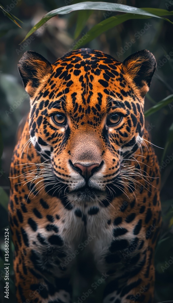 Obraz premium Close-Up Portrait of a Majestic Jaguar in a Lush Green Environment