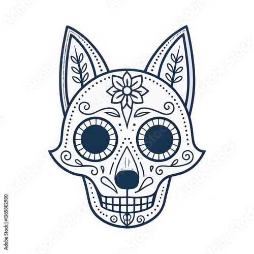 Floral Dog Skull Illustration, Day of the Dead, sugar skull