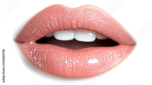 Close up of glossy lips with peach lipstick and visible teeth row