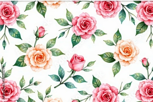 Delicate watercolor roses & leaves, repeating pattern, soft, design element, seamless