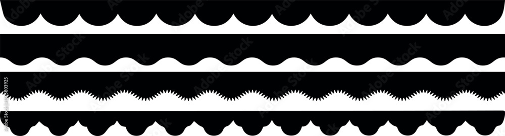 Scalloped edge seamless set. borders and dividers. Simple scalloped border. Repeat cute vintage frill ornament. Texture ribbons. Vector illustration isolated on white background.