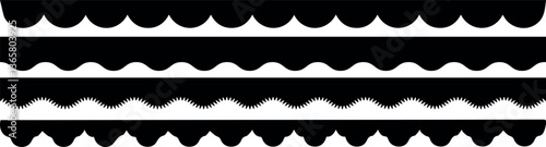 Scalloped edge seamless set. borders and dividers. Simple scalloped border. Repeat cute vintage frill ornament. Texture ribbons. Vector illustration isolated on white background.