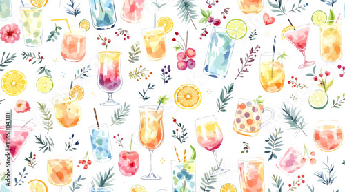 Vibrant watercolor illustration of various tropical cocktails with umbrellas and fresh fruit	