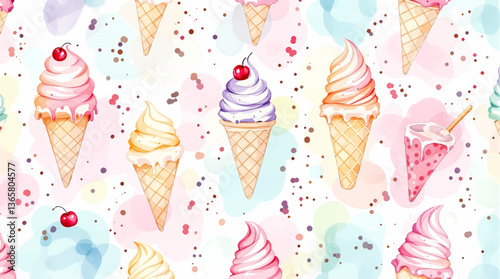 Watercolor pattern ice cream white background vector	