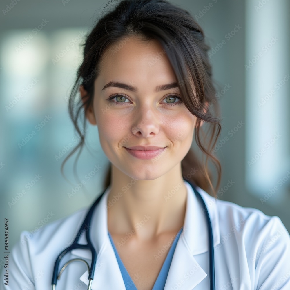 Close-up of a nurse with a stethoscope, calm face, white uniform, hospital setting. Close-up of a nurse with a stethoscope, calm face, white uniform, hospital setting.