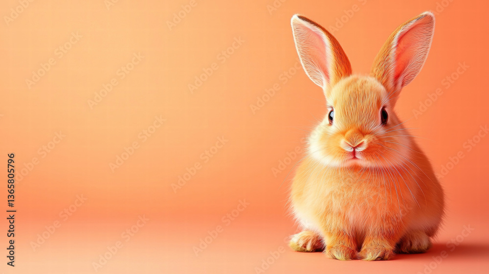 Fototapeta premium Fluffy rabbit with large ears sitting on soft orange background, exuding cuteness and charm