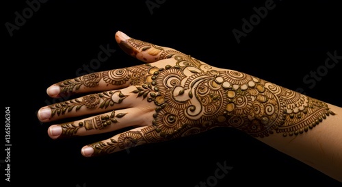 Hand with Henna Tattoo Art on Black Background for Cultural Event photo