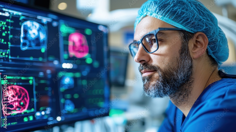 Fototapeta premium Focused Male Surgeon Examining Medical Scans on Computer Monitor