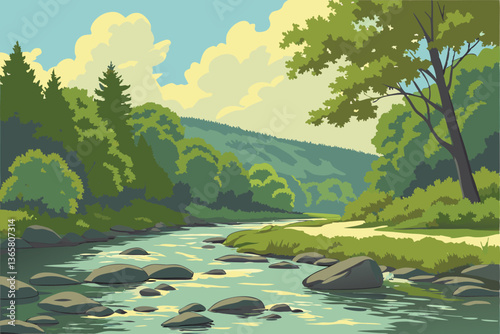 49 Serene river landscape, crystal clear water, smooth river rocks, lush green forest, vibrant foliage, blue sky with wispy clouds, sunlit stream, reflective water surface, pristine wilderness, flowin