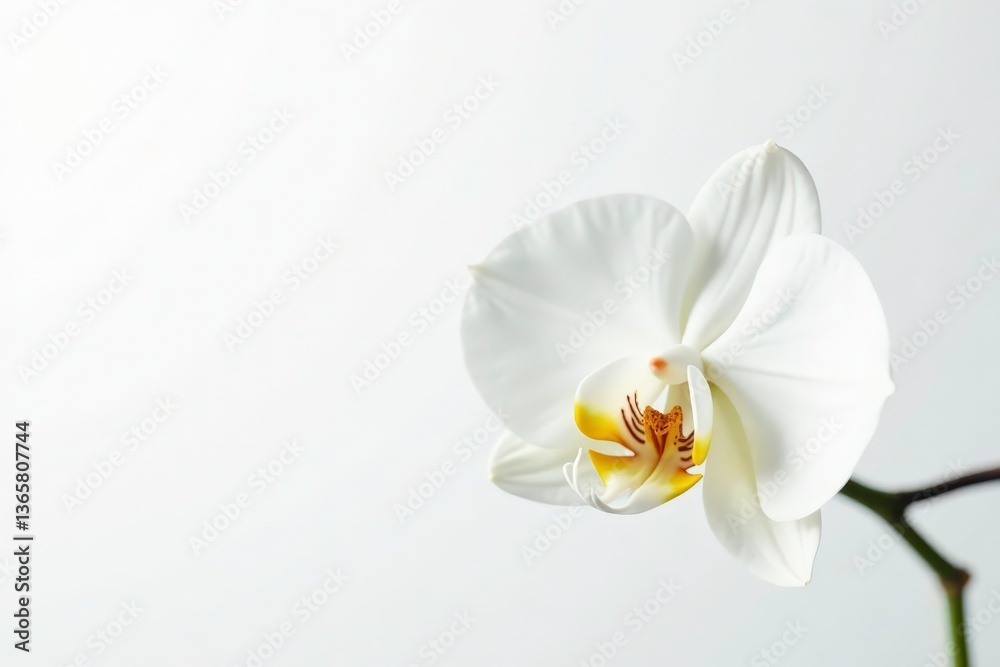 Fototapeta premium Delicate white orchid blossom against pure white background, petal, elegant
