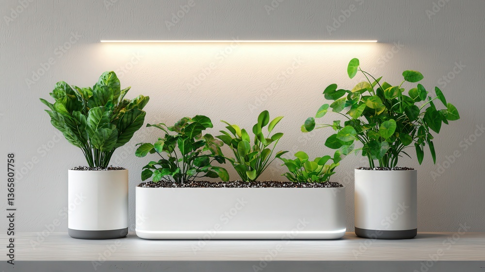 Fototapeta premium 2025 Start and Lifestyle concept. Modern indoor plants in stylish pots with soft lighting above.