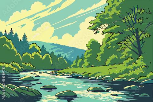 49 Serene river landscape, crystal clear water, smooth river rocks, lush green forest, vibrant foliage, blue sky with wispy clouds, sunlit stream, reflective water surface, pristine wilderness, flowin