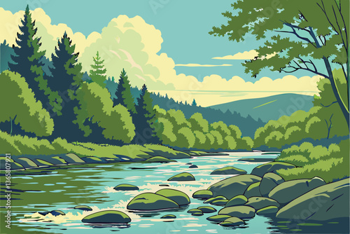 49 Serene river landscape, crystal clear water, smooth river rocks, lush green forest, vibrant foliage, blue sky with wispy clouds, sunlit stream, reflective water surface, pristine wilderness, flowin