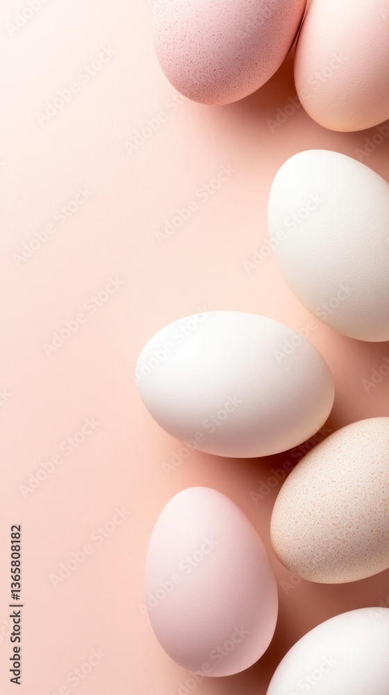 Collection of pastel colored eggs arranged on a soft pink background for spring decoration or Easter celebration Collection of pastel colored eggs arranged on a soft pink background for spring decoration or Easter celebration