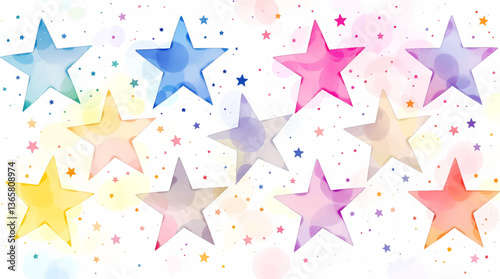 Smiling stars in various colors depicted in soft watercolor illustration set. Objects in vibrant pastel tones isolated on transparent background	