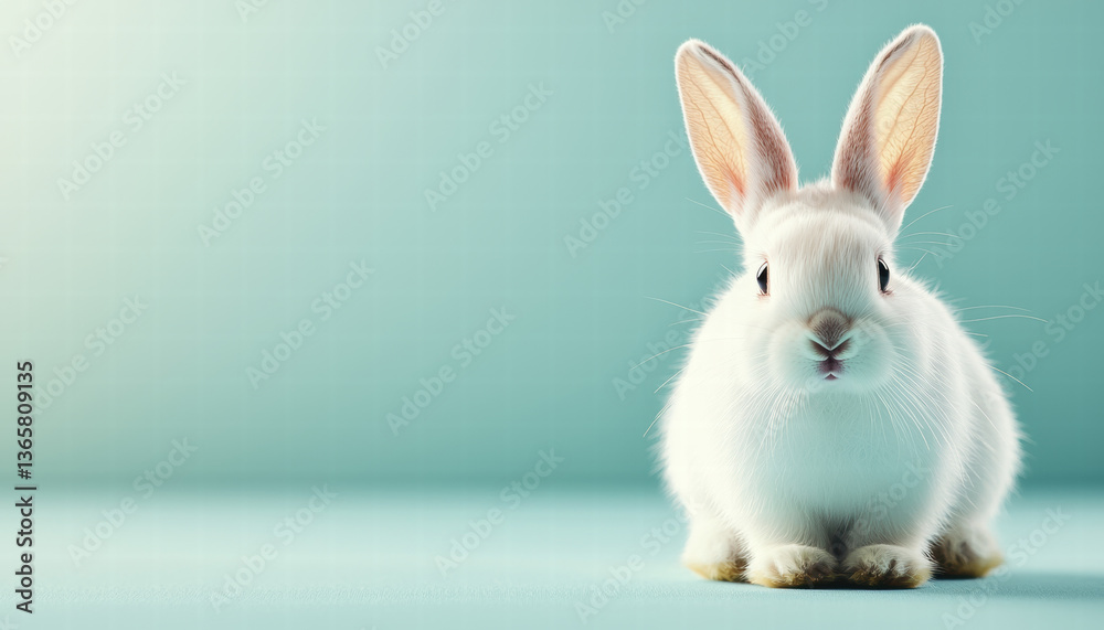 Fototapeta premium cute white rabbit sitting on soft surface, exuding calm and playful vibe