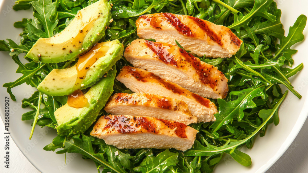 Fresh arugula and avocado salad with grilled chicken on a white plate Fresh arugula and avocado salad with grilled chicken on a white plate