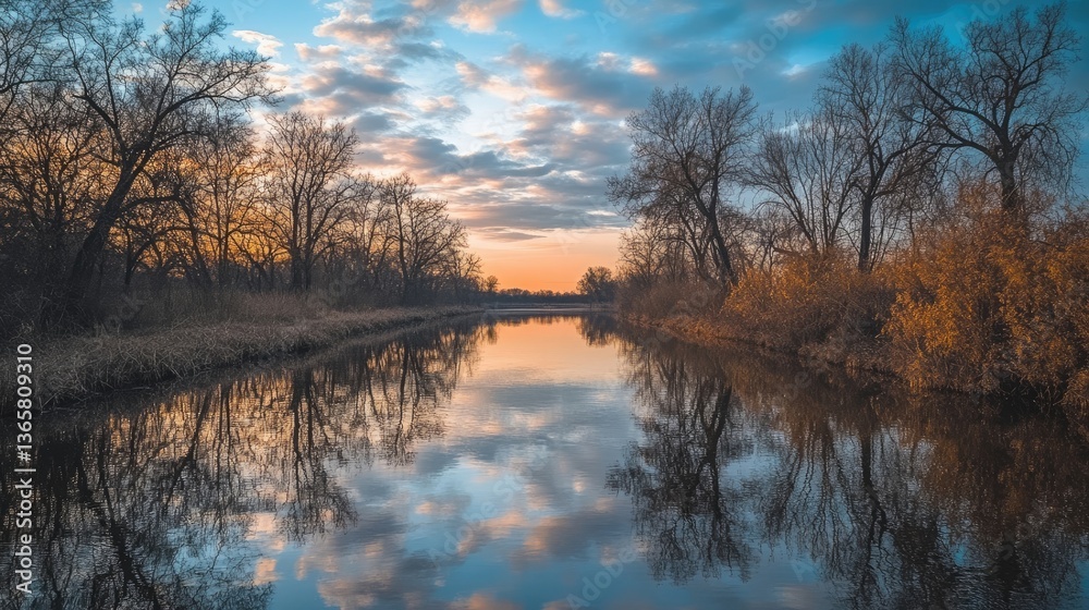 Reflection of sky and trees on the river during dusk Reflection of sky and trees on the river during dusk