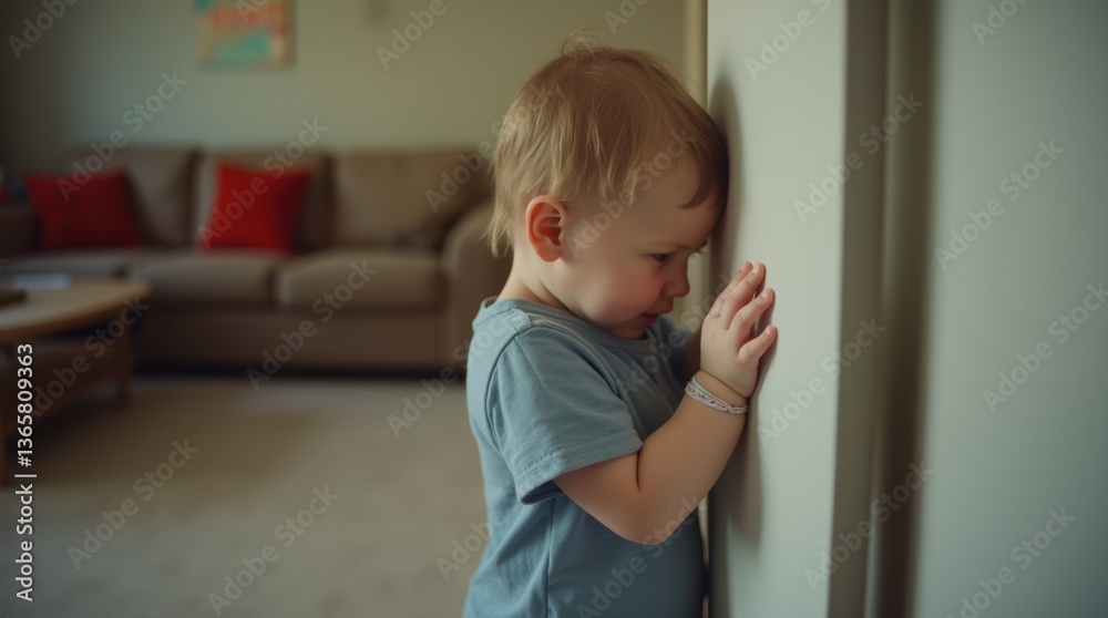 Wide shot of a child in a corner with a fearful look, head down, blurred living room background. Wide shot of a child in a corner with a fearful look, head down, blurred living room background.