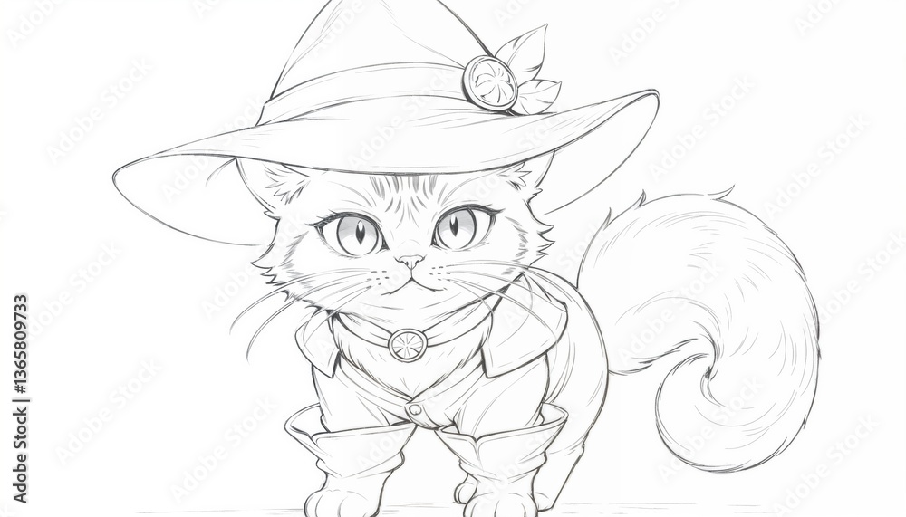 Obraz premium Cute Cat Wearing Wizard Hat and Costume in Playful Sketch 