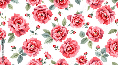 Watercolor style seamless pattern of red roses, isolate on white background.