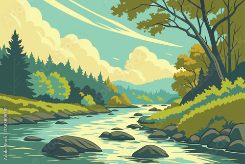 49 Serene river landscape, crystal clear water, smooth river rocks, lush green forest, vibrant foliage, blue sky with wispy clouds, sunlit stream, reflective water surface, pristine wilderness, flowin