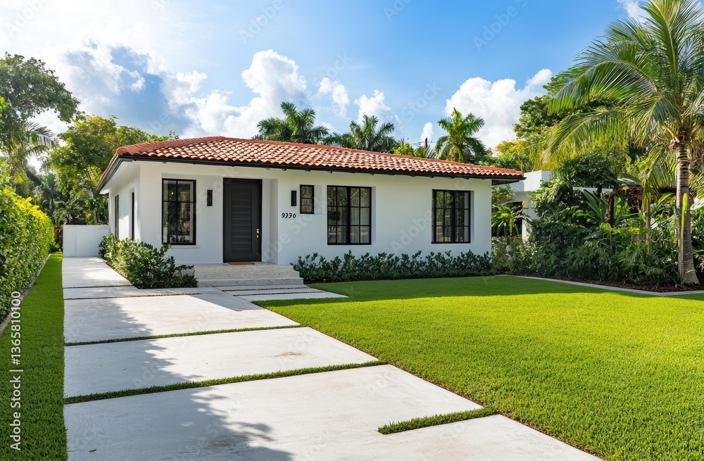 Fototapeta premium the front view of a small, one-story modern home in Miami, with a concrete driveway and green hedges surrounding it.
