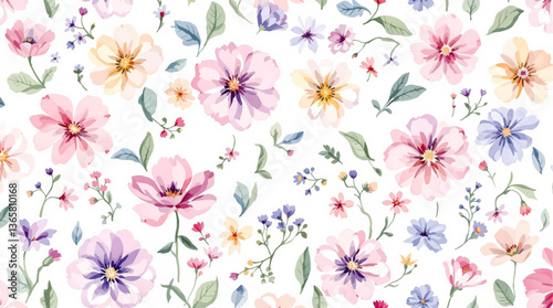 pink flower garden watercolor seamless pattern.