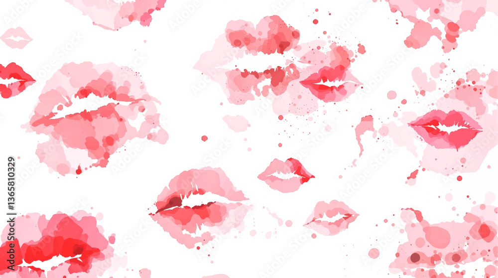 Watercolor seamless pattern lips, A seamless pattern background radiating sweetness and love. Watercolor lips in soft pinks and reds form a dynamic repeating pattern, playfully leaving kiss 
