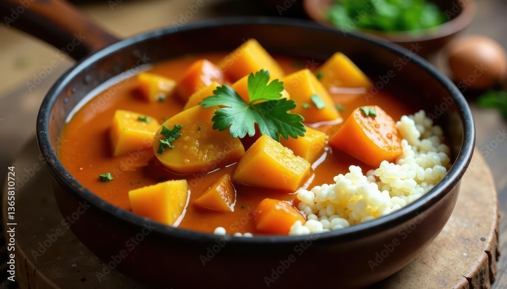 Hearty vegetarian curry with pumpkin, sweet potato & rice, served in rustic saucepan , curry, vegetarian Hearty vegetarian curry with pumpkin, sweet potato & rice, served in rustic saucepan , curry, vegetarian