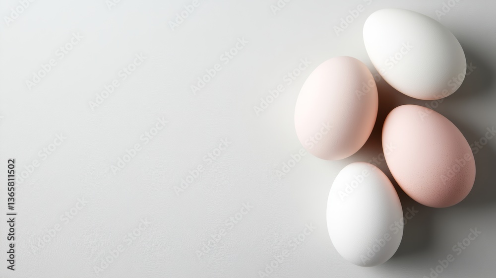 Fototapeta premium Collection of eggs on a light surface showcasing different colors and textures in a minimalistic style