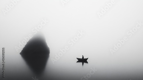 solitary boatman adrift on misty water near shadowed mountain lost in morning fog