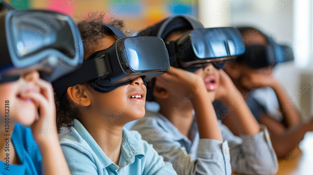 Children using VR for educational purposes in a classroom Children using VR for educational purposes in a classroom
