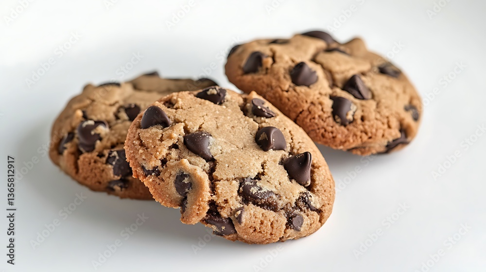 Close up of three chocolate chip cookies on a white background Close up of three chocolate chip cookies on a white background