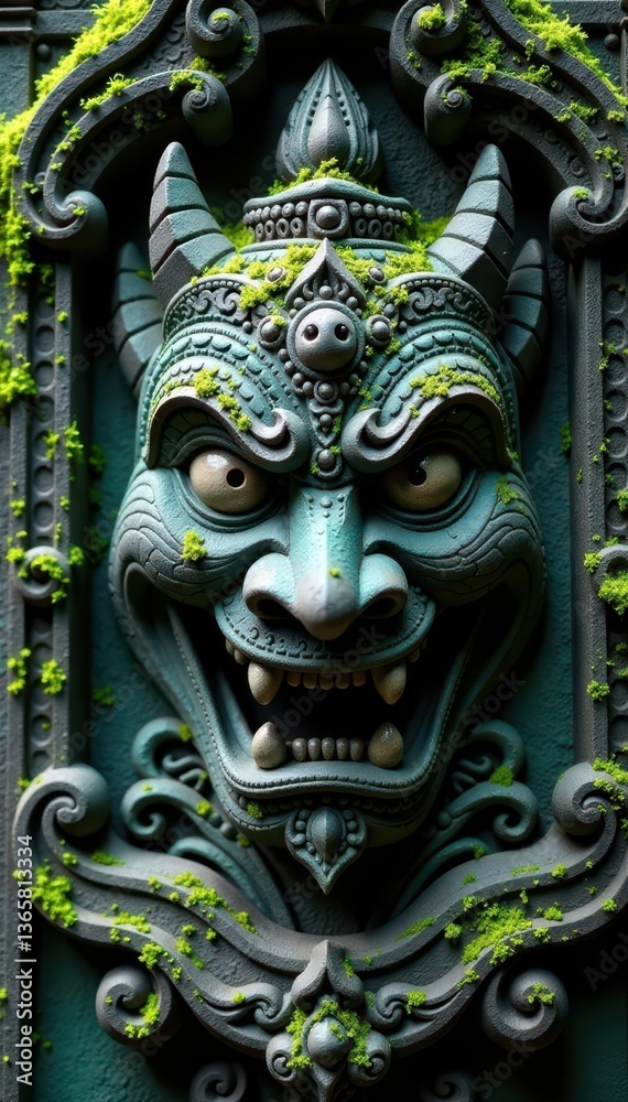 Obraz premium Deeply carved demonic faces, mossy Balinese wall background , aged, background