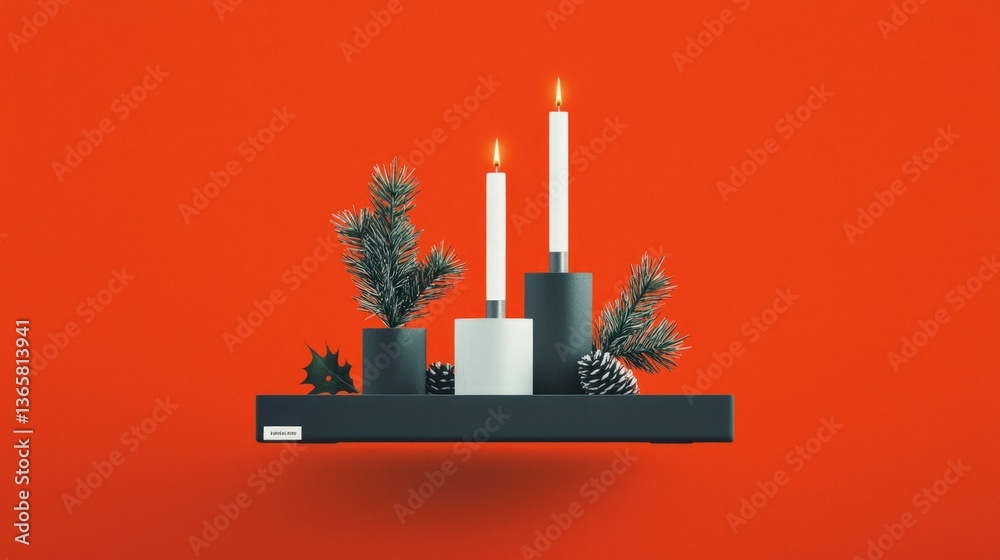 Obraz premium Festive Candles Pine Holly on Shelf Cozy Holiday Decor