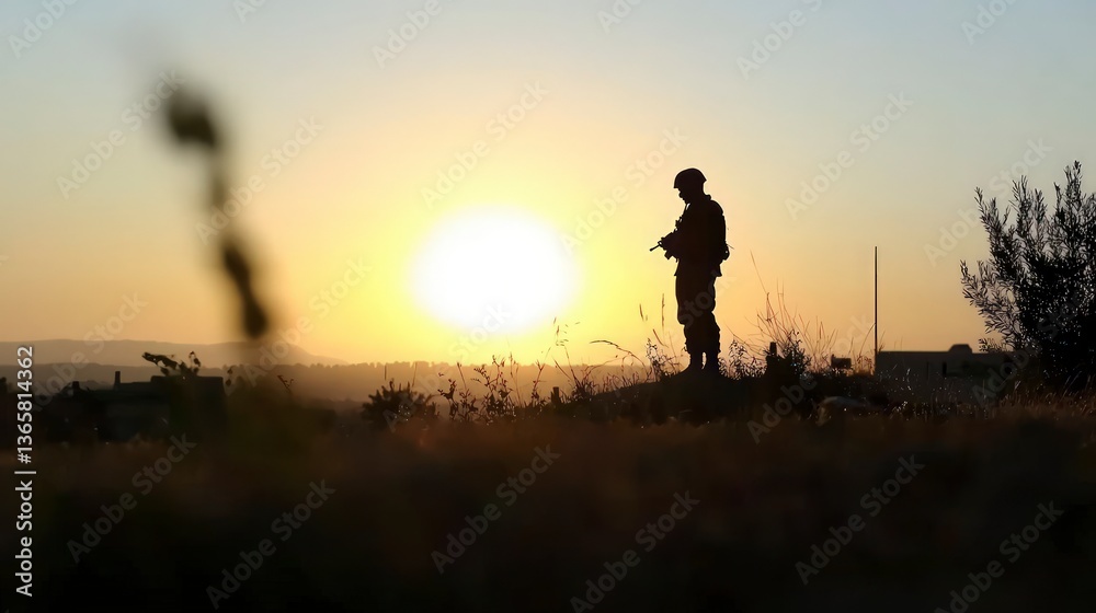 Fototapeta premium Silhouette of Soldier at Sunset Military War Peace Duty