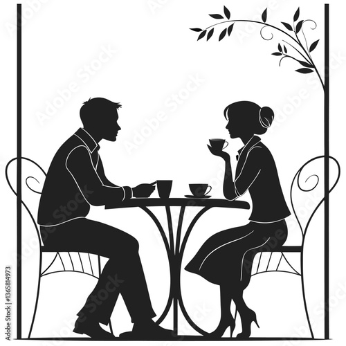 vector silhouette of a man and a woman at a table negotiating on a white background . Generative AI