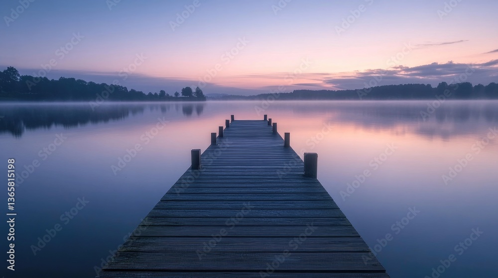 T-shaped jetty on a calm lake at dusk with soft lighting T-shaped jetty on a calm lake at dusk with soft lighting