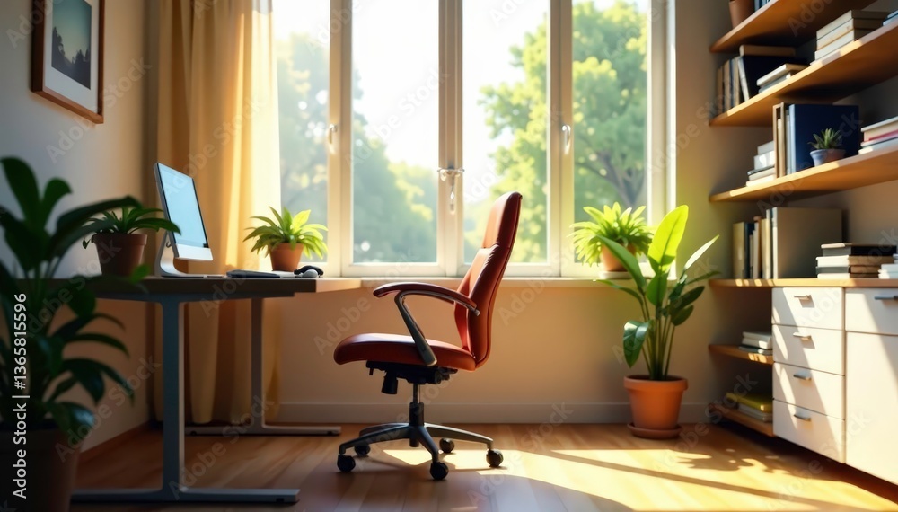 Fototapeta premium Empty chair at desk facing window, sunlit room, simple, calm, secluded