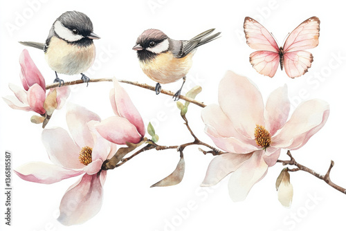 beautiful watercolor illustration featuring two small birds perched on branch adorned with delicate magnolia flowers and butterfly. scene evokes sense of tranquility and nature beauty
