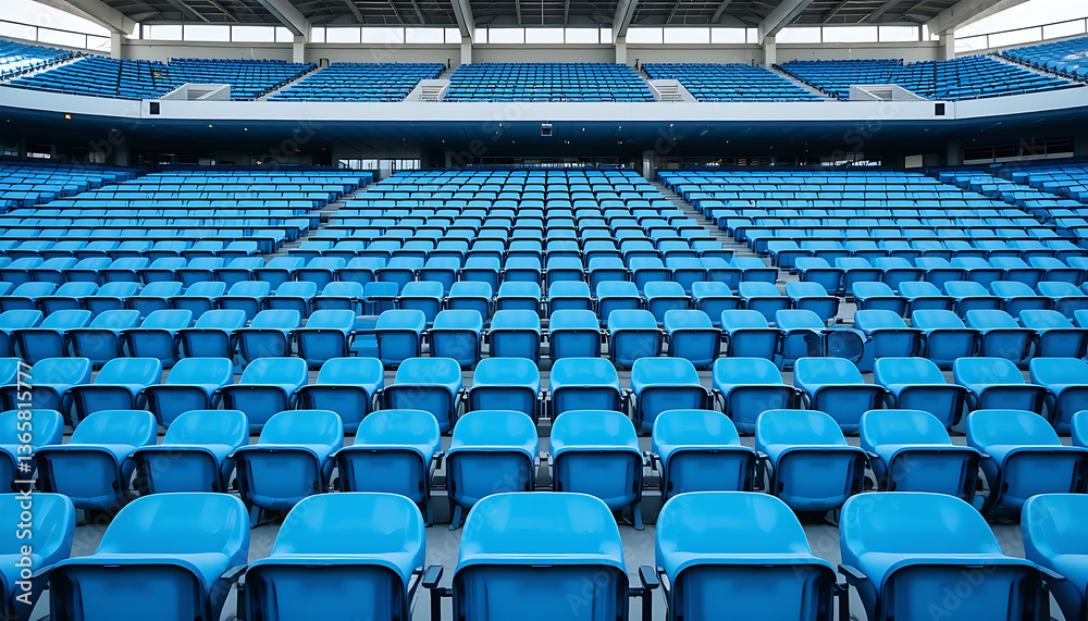 Naklejka premium Blue tribunes. seats of tribune on sport stadium. empty outdoor arena. concept of fans. 