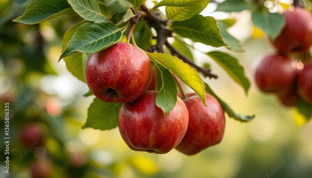 Obraz premium Juicy red apples hanging on tree branch with bright atmosphere 